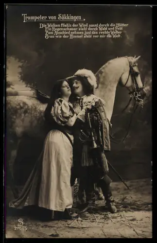 Foto-AK Behüt Dich Gott!, Trompeter von Säkkingen, Die Wolken flieh`n der Wind saust durch die Blätter