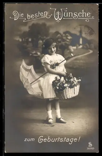 Foto-AK L.J. & F.F. Nr. 3609/5: Kleine Gratulantin mit Schirm u. Blumenkorb, Geburtstagsgruss
