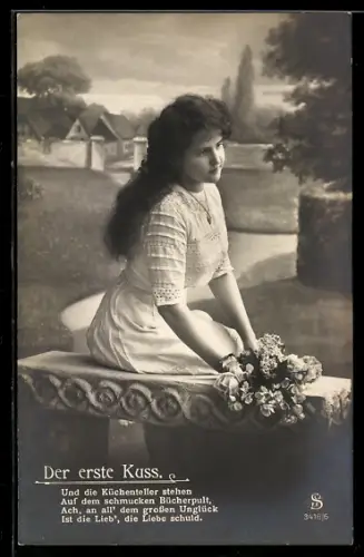 Foto-AK L.J. & F.F. Nr. 3418/6: Junge Dame auf einerr Steinbank, Der erste Kuss