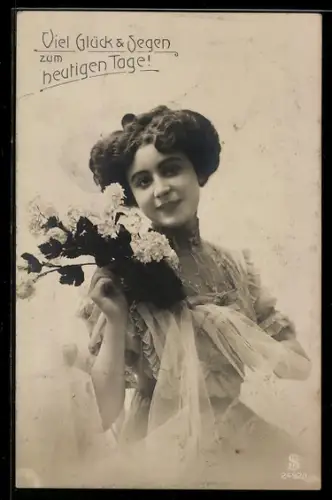 Foto-AK L.J. & F.F. Nr. 2492/1: Junge Dame mit Blumenstrauss, Viel Glück & Segen