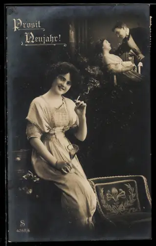 Foto-AK L.J. & F.F. Nr. 4268/6: Junge Dame mit Zigarette, Paar, Sekt, Neujahrsgruss