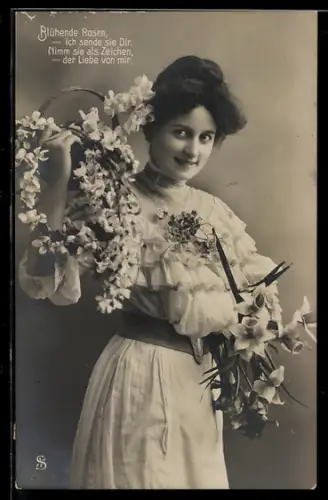 Foto-AK L.J. & F.F. Nr. 2190/2: Blühende Rosen..., Junge Dame mit Blumen