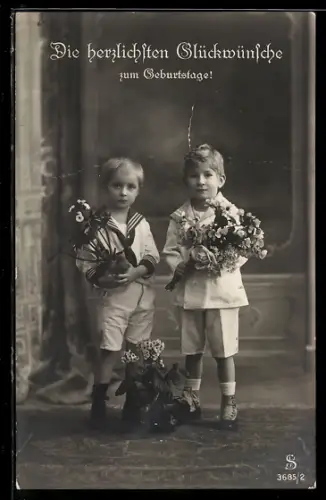 Foto-AK L.J. & F.F. Nr. 3695/2: Zwei kleine Gratulanten mit Blumen, Geburtstagsgruss