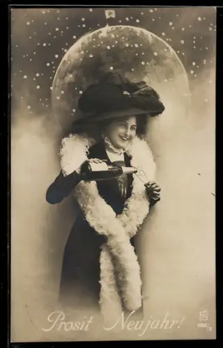 Foto-AK L.J. & F.F. Nr. 4233/2: Junge Dame mit Sekt im Schnee, Neujahrsgruss