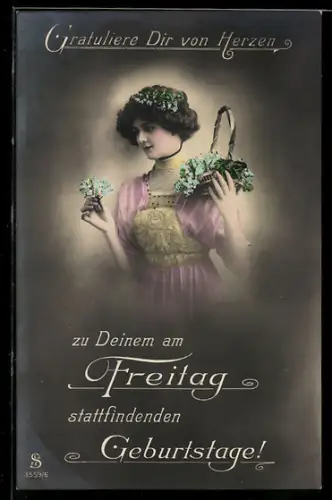 Foto-AK L.J. & F.F. Nr. 3559/6: Junge Dame mit Blüten in Haaren, Korb, Strauss, Geburtstagsgruss