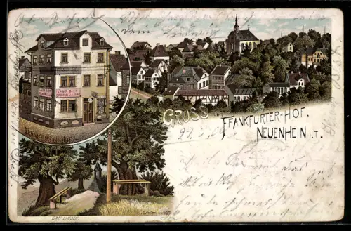 Lithographie Neuenhein i. T., Hotel Frankfurter-Hot, Drei Linden, Teilansicht