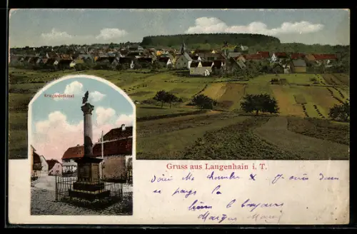 AK Langenhain i. T., Teilansicht mit Kirche, Kriegerdenkmal