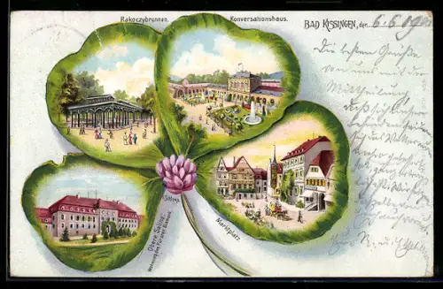 Passepartout-Lithographie Bad Kissingen, Rakoczybrunnen, Obere Saline, Marktplatz, Ansicht auf Kleeblatt