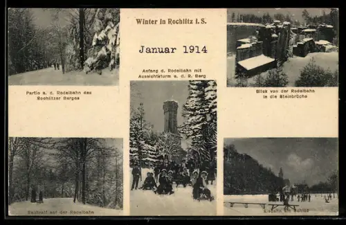 AK Rochlitz i. S., Rauhreif auf der Rodelbahn, Blick in die Steinbrüche, Eisbahn am Schloss 1914