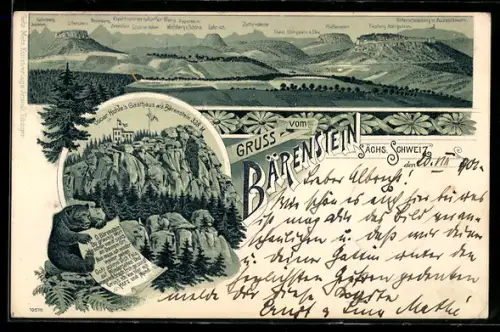 Lithographie Bärenstein /Sächs. Schweiz, Oscar Kuhles Gasthaus auf dem Bärenstein, Panorama mit Rosenberg und Jeschken