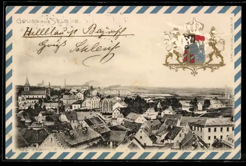 Passepartout-Lithographie Selb i. B., Teilansicht mit Kirche, Wappen