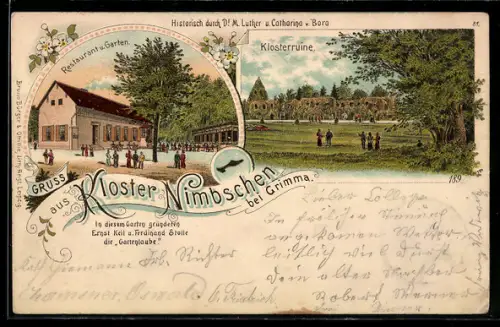 Lithographie Kloster Nimbschen, Restauration und Garten, Klosterruine