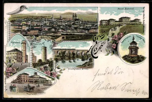 Lithographie Hof, Bahnhof, Postamt, Rathaus