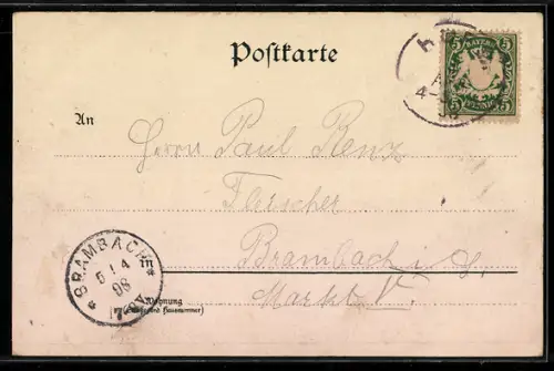 Lithographie Hof, Bahnhof, Postamt, Rathaus
