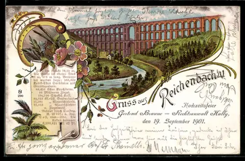 Lithographie Reichenbach i. V., Hochzeitsfeier Gertrud Braune und Rechtsanwalt Hally 1901, Eisenbahnbrücke