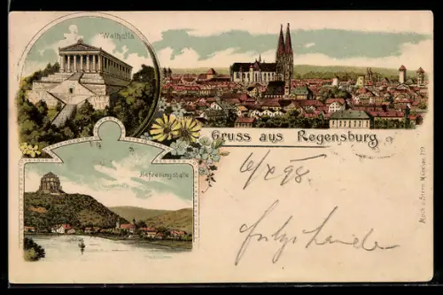 Lithographie Regensburg, Teilansicht mit Kirche, Walhalla, Befreiungshalle