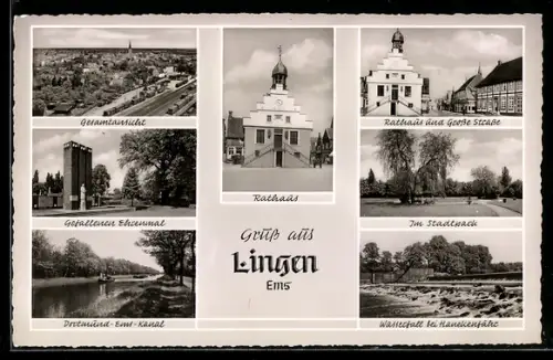 AK Lingen /Ems, Rathaus, Stadtpark, Wasserfall bei Hanekenfähr, Gefallenen-Ehrenmal, Dortmund-Ems-Kanal