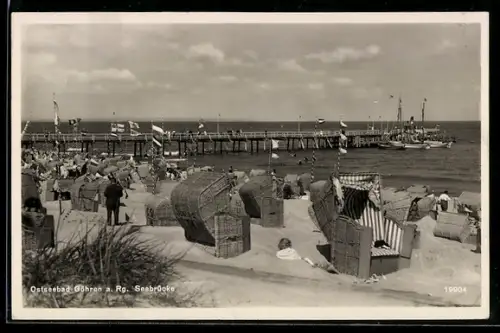 AK Göhren a. Rg., Seebrücke, Strand, Strandkörbe