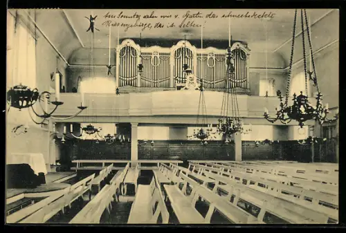 AK Herrnhut, Inneres der Kirche mit Orgel und Leuchtern