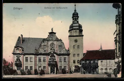AK Ettlingen, Rathaus mit Rathausturm, Eisenhandlung Roth