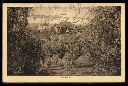 AK Jocketa, Blick auf Gebäude und Obstbäume