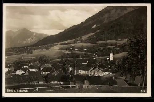 AK Kohlgrub, Blick auf Ort und Kirche vor Bergkulisse