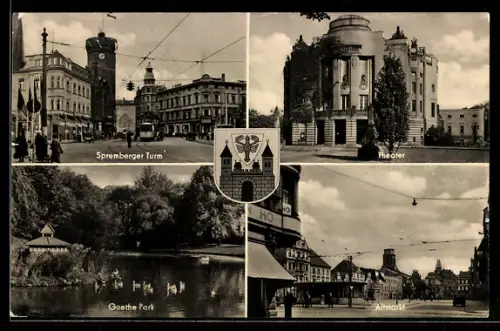 AK Cottbus, Spremberger Turm, Theater, Goethe Park, Altmarkt