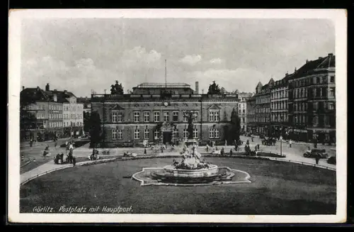 AK Görlitz, Postplatz mit Hauptpost und Brunnen