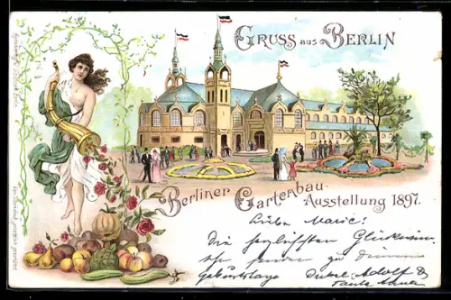 Lithographie Berlin, Gartenbau-Ausstellung 1897, Ausstellungsgebäude