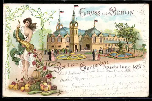 Lithographie Berlin, Gartenbau-Ausstellung 1897, Ausstellungsgebäude