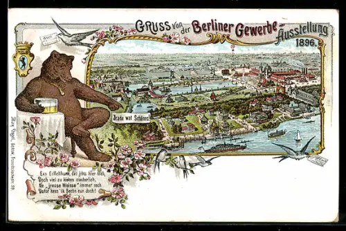 Lithographie Berlin, Gewerbe-Ausstellung 1896, Ausstellungsgelände, Berliner Bär beim Trinken