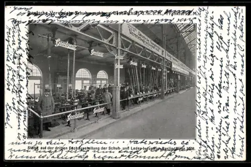 AK Berlin, Stand der dritten Fachausstellung der Schuh- und Leder-Industrie 1908, Stand mit Goodyear-Produkten