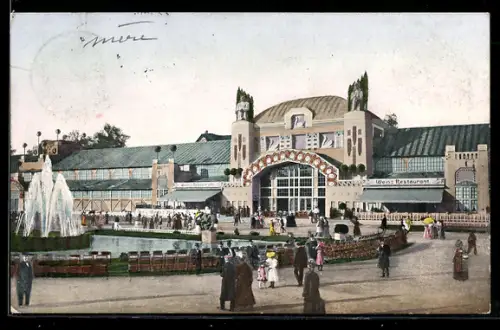 AK Zwickau, Ausstellung, Haupthalle mit Fontäne
