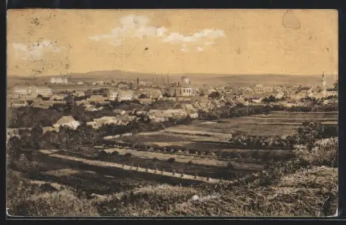 AK Boskowitz, Totalansicht des Ortes mit Kirche und Feldern