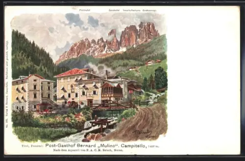 Künstler-AK F.A.C.M. Reisch: Campitello di Fassa, Post-Gasthof Mulino mit Platt- und Zahnkofel