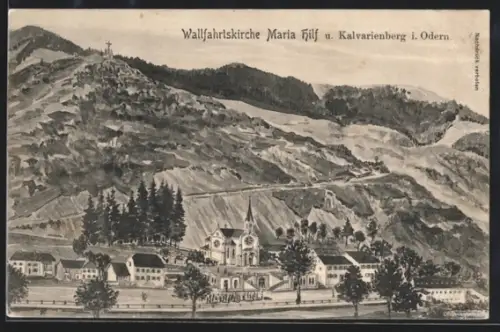 Künstler-AK sign. Hans Pernat: Odern, Wallfahrtskirche Maria Hilf und Kalvarienberg aus der Vogelschau