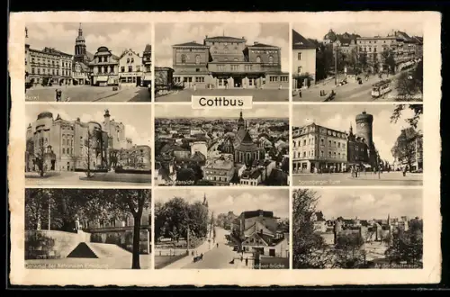AK Cottbus, Bahnhof, Sandower Brücke, Berliner Strasse mit Strassenbahn, Stadttheater