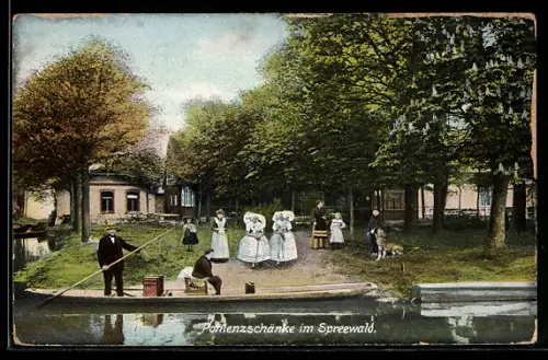 AK Spreewald, Pohlenzschänke u. Boot vor Frauen in Trachten