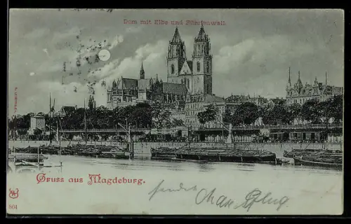 Mondschein-AK Magdeburg, Dom mit Elbe und Fürstenwall