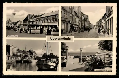 AK Ueckermünde, HO-Gaststätte am Strand, Strasse der Befreier mit Geschäften, Karl-Marx-Platz