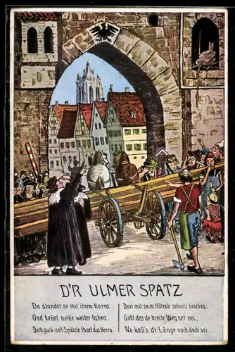 Künstler-AK Ulm, D`r Ulmer Spatz, Stadttor, Ulmer Münster