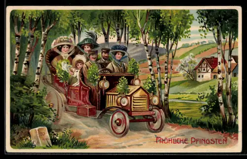 AK Familie bei Ausflug mit Auto