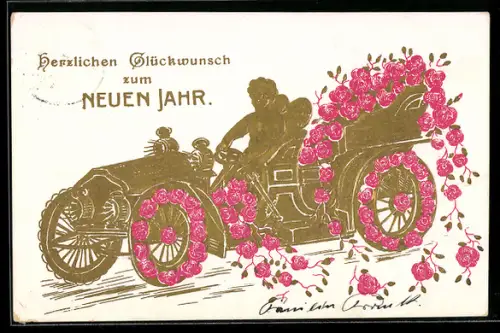 AK Auto mit Blumenschmuck, Neujahrswünsche