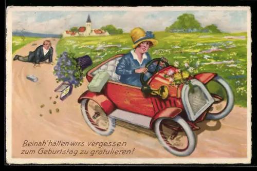 AK Auto-Cabriolet mit junger Frau am Steuer und abgeworfener Mann auf der Chaussee