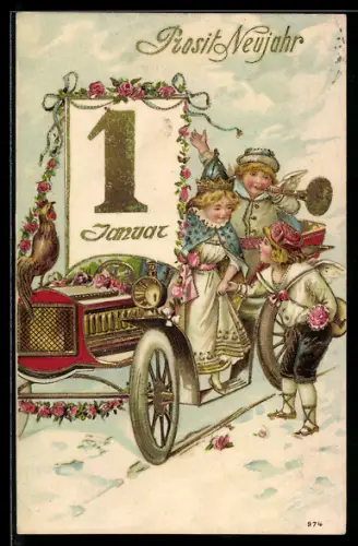 AK Prosit Neujahr, junge Leute mit Auto