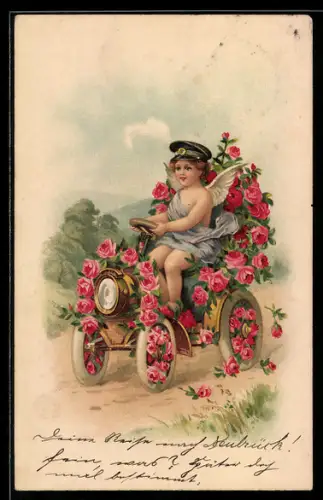 AK Blumengeschücktes Auto, Kind als Hermes am Steuer