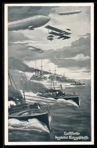 AK Luftflotte mit Zeppelin und Doppeldecker beim Geleitschutz für deutsche Kriegsschiffe