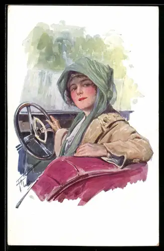 AK Auto mit attraktiver junger Frau am Steuer