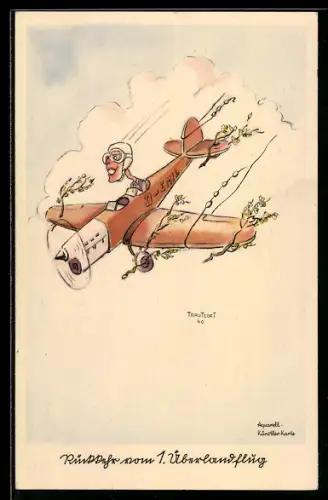 AK Pilot bei der Rückkehr vom ersten Überlandflug, Reste von Sträuchern haften am Flugzeug