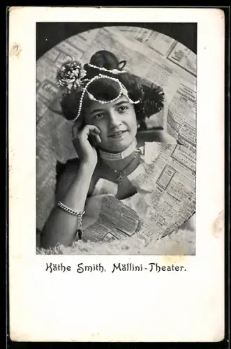 AK Käthe Smith, Portrait, Zeitungspapier, Mällini-Theater